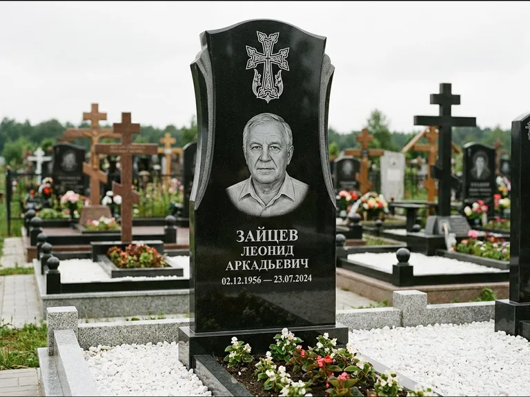Памятник из чёрного гранита — семейная стела на двоих с армянским хачкаром, работа «Журавлёв» в Краснодаре