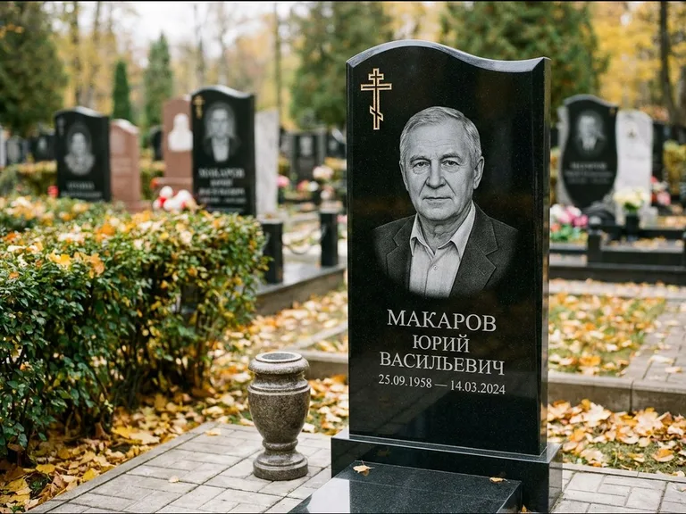 Памятник из чёрного гранита — фигурная стела с киот-нишей с процветшим крестом с виноградной лозой, работа «Богданов» в Краснодаре