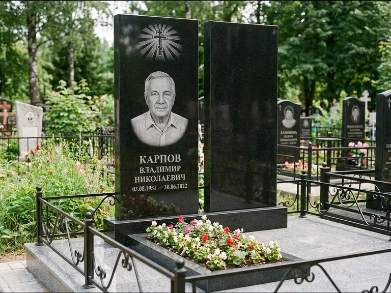 Памятник из чёрного гранита — ступенчатая стела с золочёным крестом, работа «Панкратов» в Краснодаре