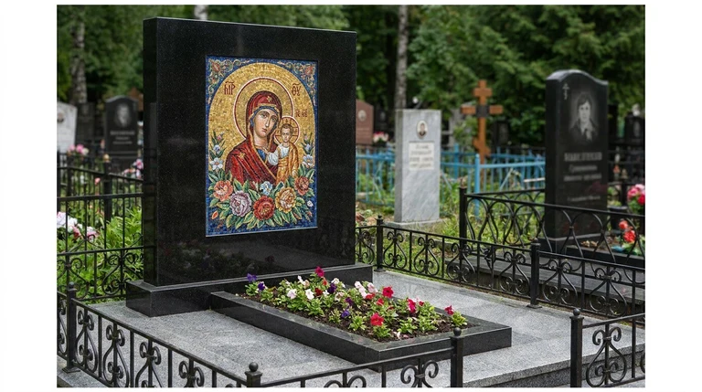Мозаика на памятник в Краснодаре — цветное панно из смальты на чёрной гранитной стеле