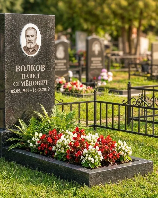 Тёмно-серый памятник под ключ с художественной гравировкой в Краснодаре