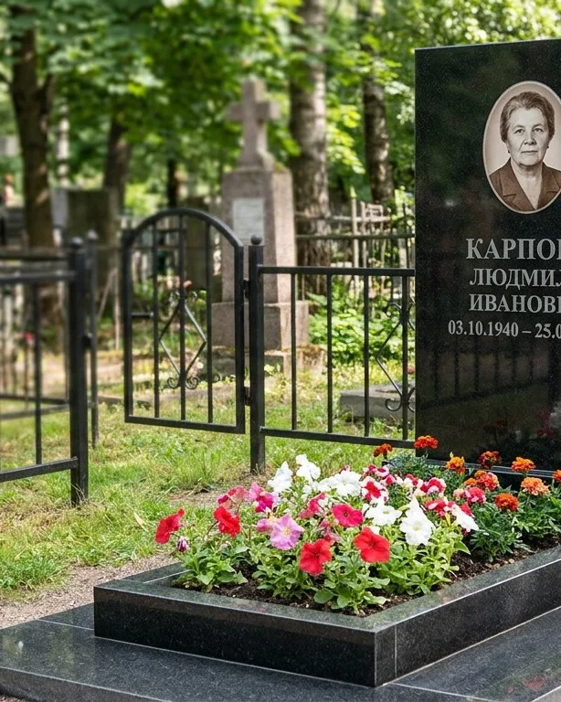 Памятник под ключ с низкой оградой и цветником в Краснодаре