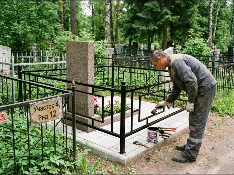 Покраска оградки на кладбище в Краснодаре — мастер красит металлическую ограду на могиле чёрной эмалью
