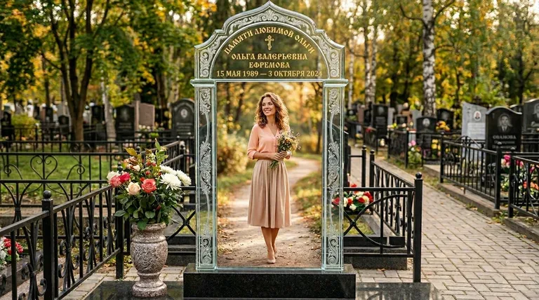 Портрет на стекле в форме арки на памятнике в Краснодаре