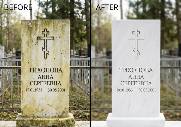 Восстановление мраморного надгробия от желтизны: до и после в Краснодаре