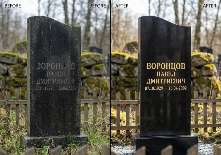 Золочение и обновление надписей на памятнике: до и после в Краснодаре