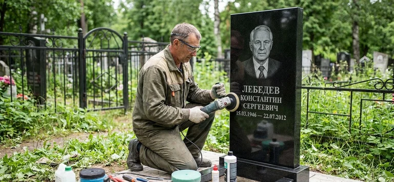 Реставрация памятника в Краснодаре — восстановление гранита, заделка трещин и обновление надписей на кладбище