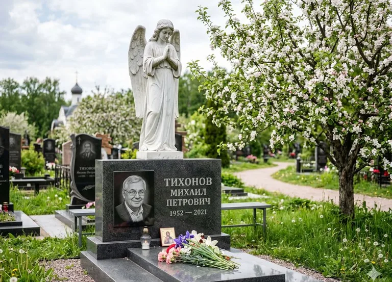 Мраморный молящийся ангел на гранитном памятнике весной в Краснодаре