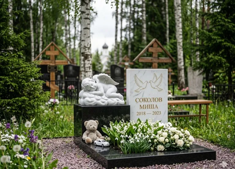 Белый ангелочек на детском памятнике в Краснодаре