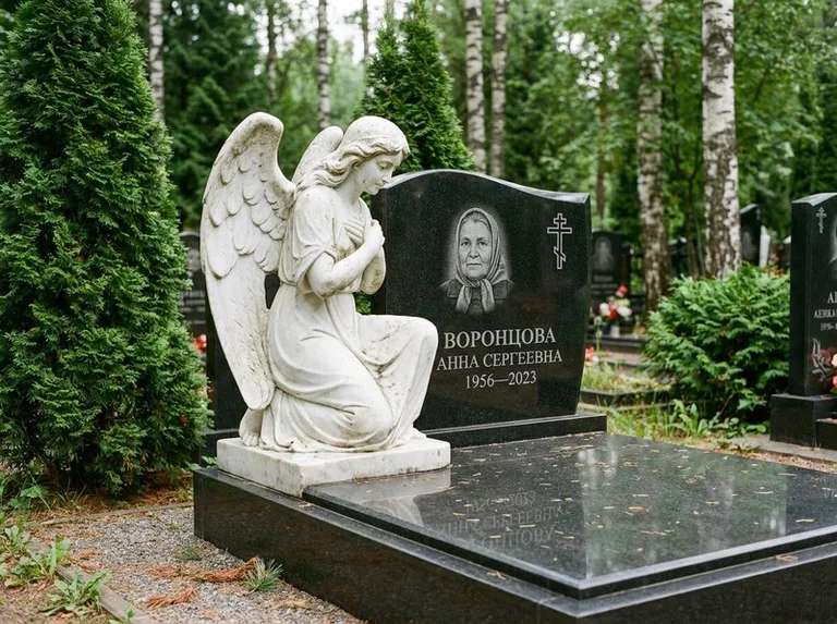 Белый мраморный ангел на гранитном памятнике в Краснодаре