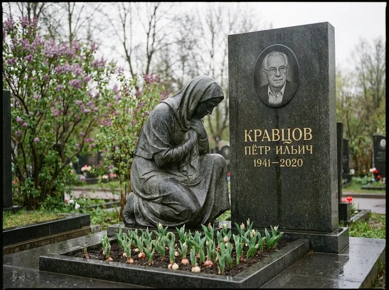 Гранитная скорбящая фигура у стелы на кладбище в Краснодаре