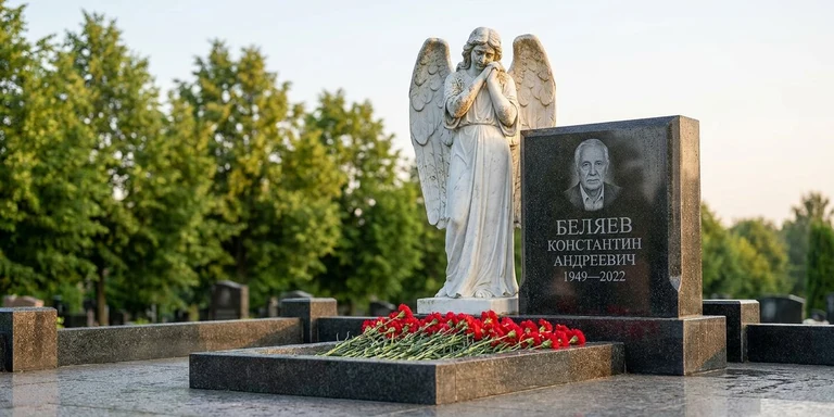 Скульптура на памятник в Краснодаре — мраморный ангел на гранитном мемориале