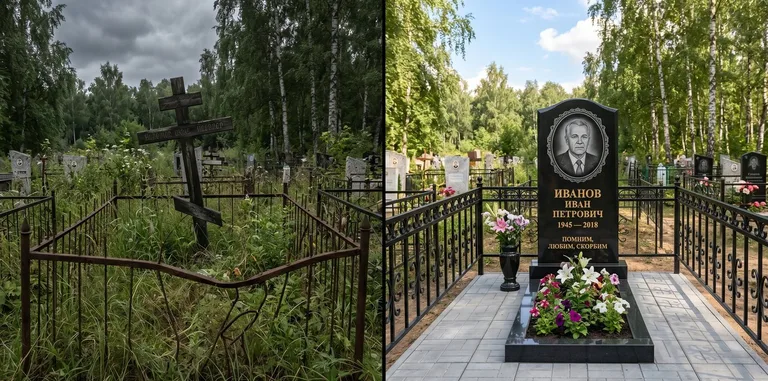 Благоустройство могилы до и после установки памятника в Краснодаре