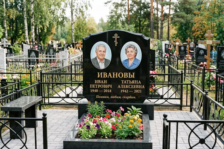 Установленный гранитный памятник с цветником и благоустройством в Краснодаре