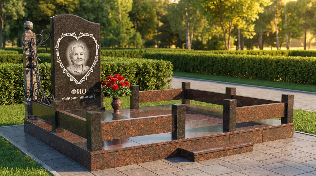 Памятник женщине из коричневого гранита, стела с портретом в гравированном сердце, цветник и кованая тумба Памятник женщине из коричневого гранита, стела с портретом в гравированном сердце, цветник и кованая тумба