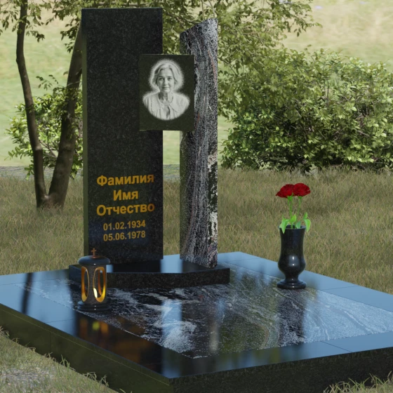 Вертикальный памятник со ступенчатым вырезом, гранит Габбро-диабаз, вид 2