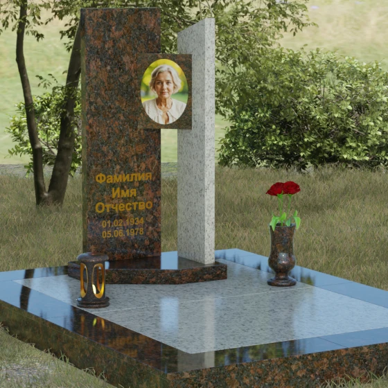 Вертикальный памятник со ступенчатым вырезом, гранит Дымовский, вид 2