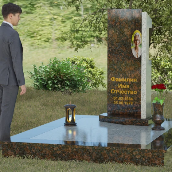 Вертикальный памятник со ступенчатым вырезом, гранит Дымовский, вид 4