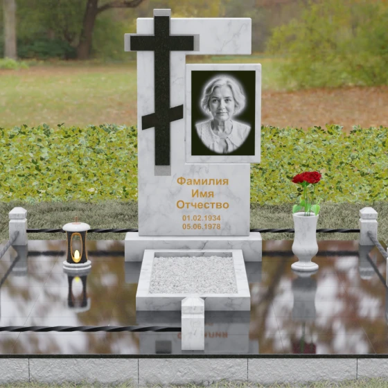 Православный памятник с рельефным крестом, мрамор Тассос, вид 2
