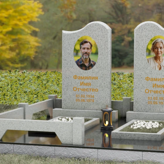 Памятник гранитный двойной с волнообразным верхом, гранит Мансуровский, вид 4
