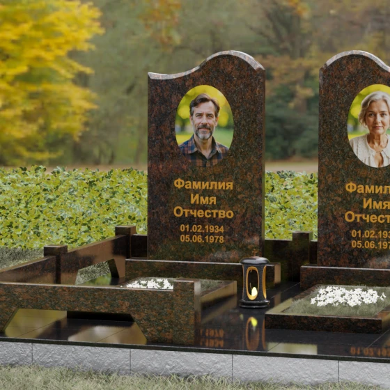 Памятник гранитный двойной с волнообразным верхом, гранит Дымовский, вид 4