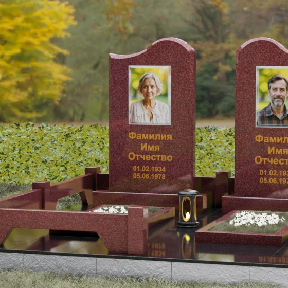 Памятник гранитный двойной с волнообразным верхом, гранит Лезниковский, вид 4