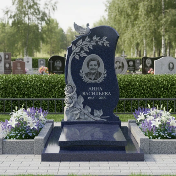 Гранитный памятник «Умиротворение» с голубем и розами, гранит Блю Перл