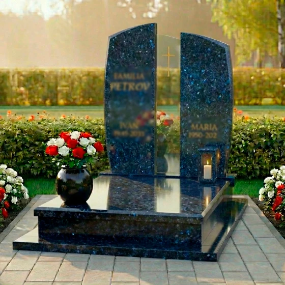 Памятник-арка с католическим крестом и надписью Familia, гранит Блю Перл