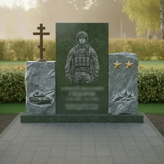 Гранитный памятник воину с православным крестом, гранит Балтик грин