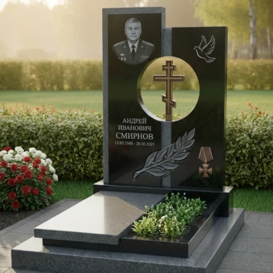 Гранитный памятник с круглым проемом и голубем, гранит Габбро-диабаз