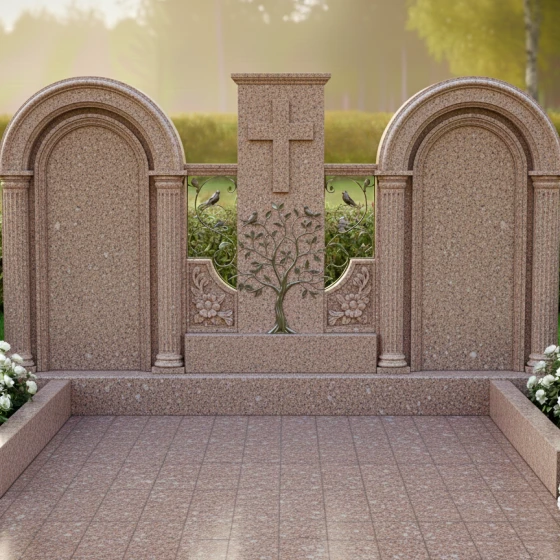 Гранитный монумент с древом жизни и птицами, гранит Дымовский