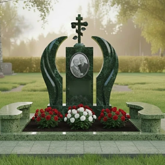 Памятник с православным крестом и розами, гранит Балтик грин