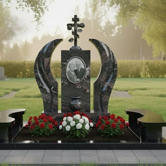 Памятник с православным крестом и розами, гранит амфиболит