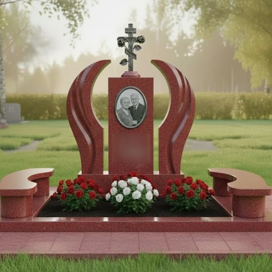 Памятник с православным крестом и розами, гранит Лезниковский