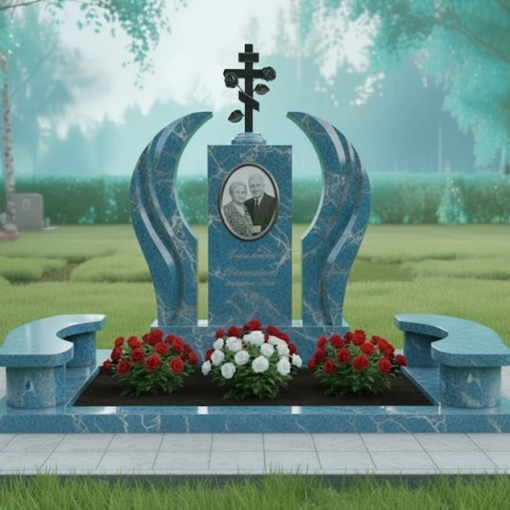 Памятник с православным крестом и розами, гранит Блю Перл