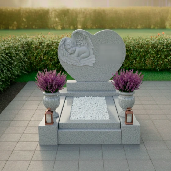Гранитный памятник-сердце с барельефом ангела, гранит Мансуровский