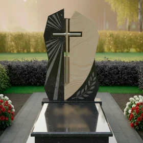 Гранитный или мраморный памятник с католическим крестом и лавровой ветвью - ПН581