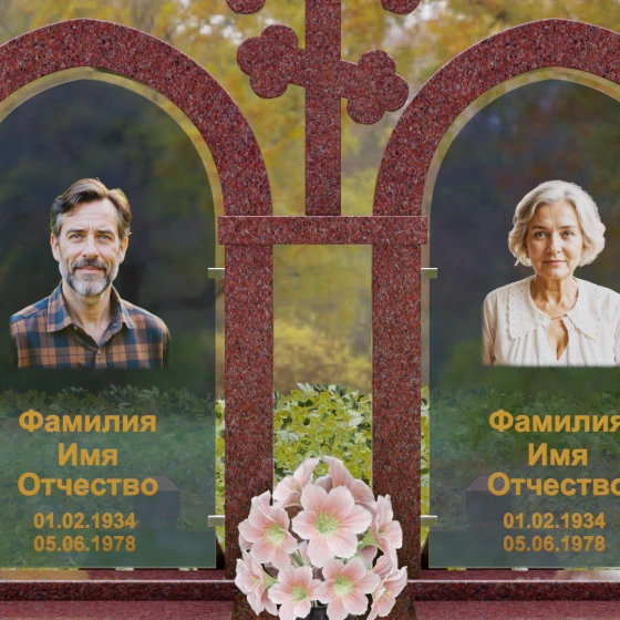 Комбинированный памятник с крестом и арками, гранит Лезниковский