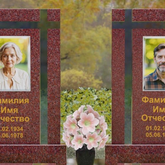 Вертикальный гранитный памятник с крестом и сферами, гранит Лезниковский