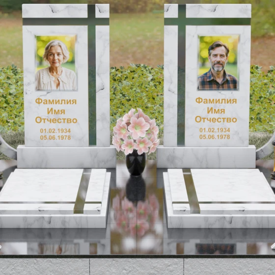 Вертикальный гранитный памятник с крестом и сферами, мрамор Тассос, вид 2