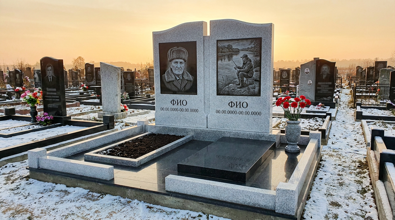 Пример дизайна: Гранитный памятник рыбаку с аркой с речным сюжетом