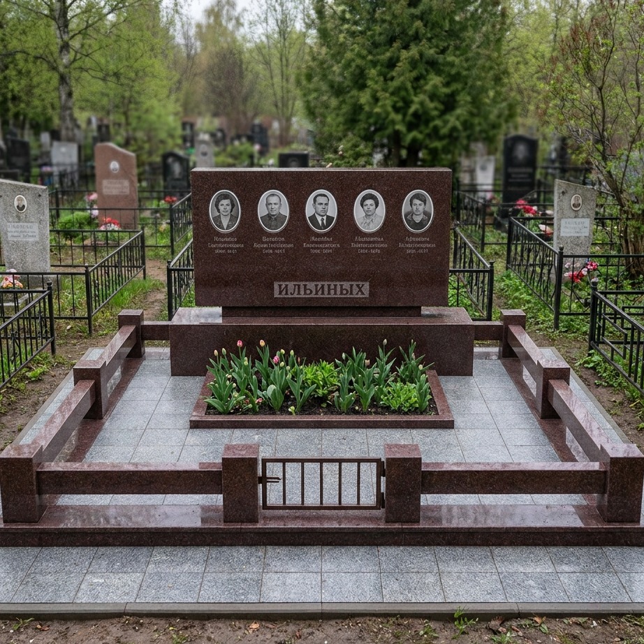 Пример дизайна: Семейный памятник из красного гранита на пять человек — фото и цена