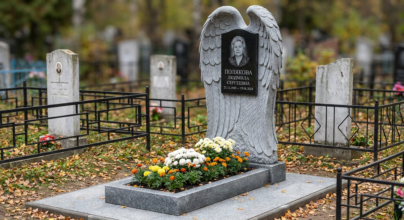 Пример дизайна: Памятник с крылом ангела из мансуровского гранита с портретом