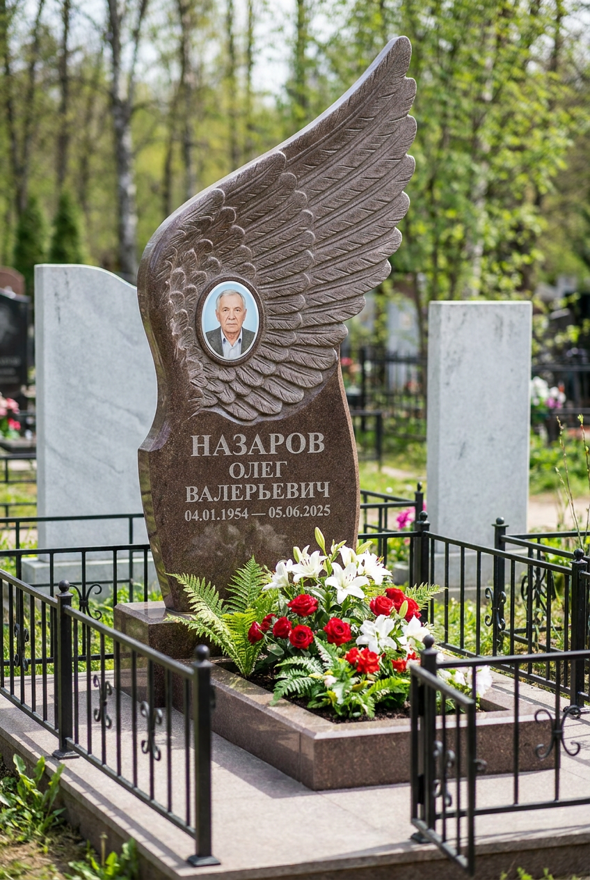 Пример дизайна: Памятник с крылом ангела из дымовского гранита с фотопортретом