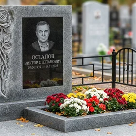 Памятник с розой на стеле из мансуровского гранита с черной вставкой