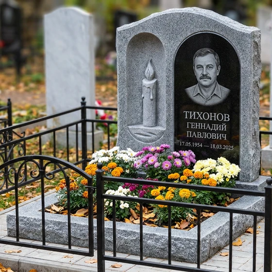 Мемориал с горящей свечой из мансуровского гранита