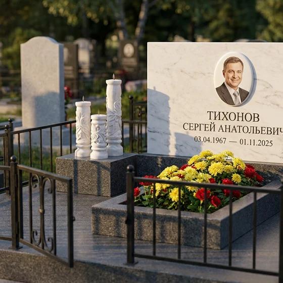 Памятник с тремя свечами из белого мрамора с фотопортретом