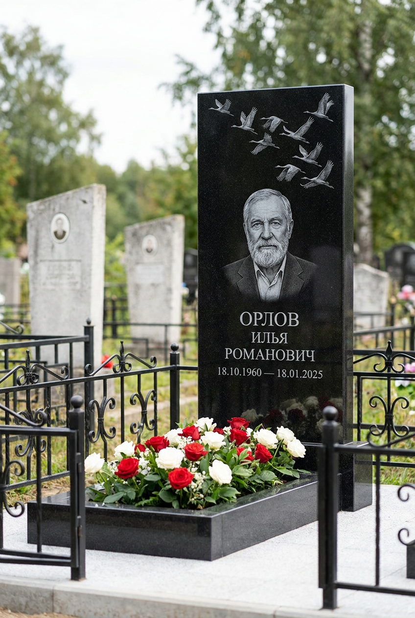 Пример дизайна: Памятник с клином журавлей из габбро-диабаза