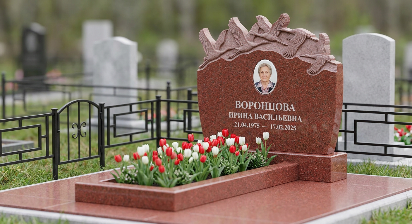 Пример дизайна: Памятник с клином журавлей из лезниковского гранита с овальной фотокерамикой