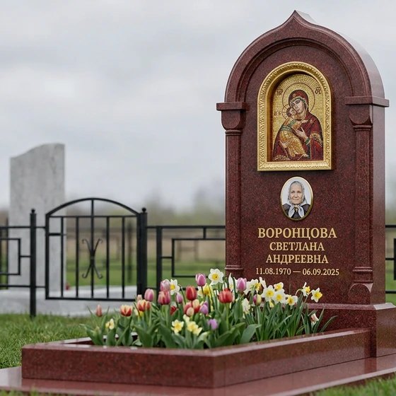 Памятник-часовня с мозаичной иконой из лезниковского гранита с овальной фотокерамикой